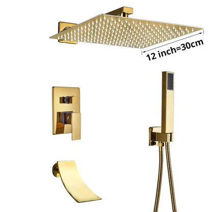 Modern textured decorbites gold rain shower set with gold-toned rain shower head and matching wall-mounted controls