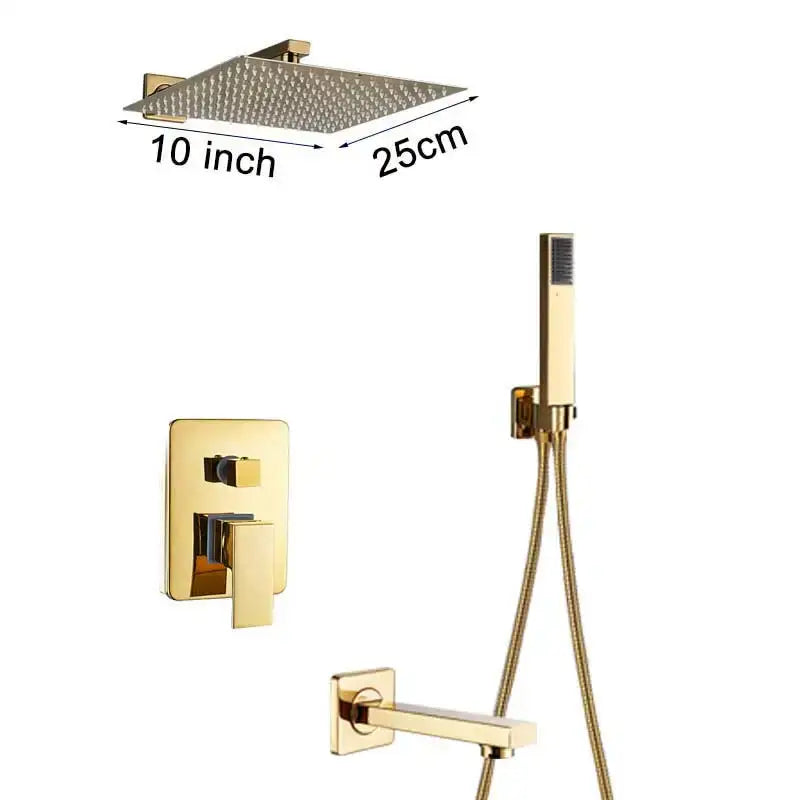 Modern textured gold rain shower set featuring a gold-finished 10-inch square rain showerhead for luxury bathroom decorbites gold rain shower