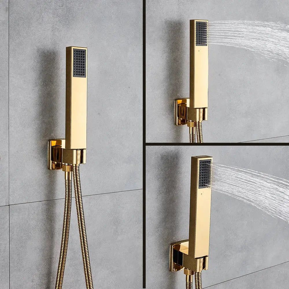 Modern textured gold rain shower set with gold-colored rectangular showerhead and black spray grid wall mounted fixture
