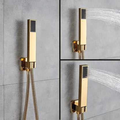Modern textured gold rain shower set with gold-colored rectangular showerhead and black spray grid wall mounted fixture