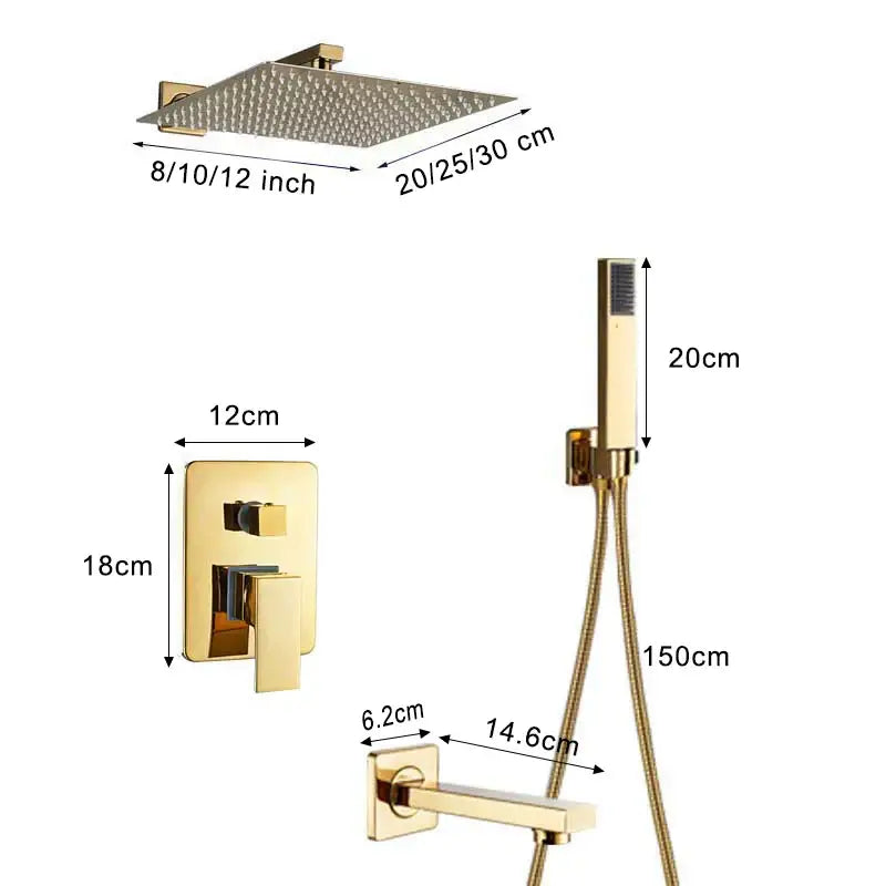 Modern textured gold rain shower set featuring a gold-finished square showerhead with matching handheld unit by decorbites
