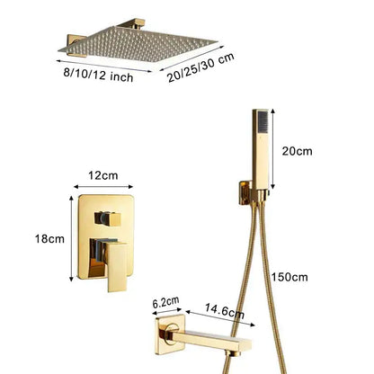 Modern textured gold rain shower set featuring a gold-finished square showerhead with matching handheld unit by decorbites
