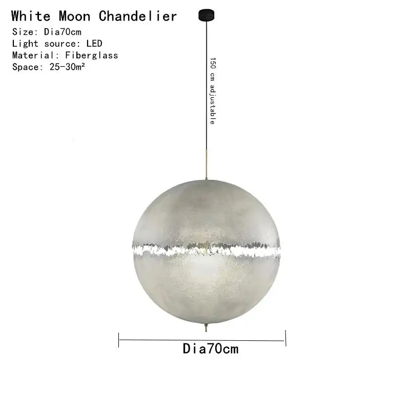 Modern textured moon pendant chandelier featuring a sleek spherical white frosted fiberglass decorbites designer moon