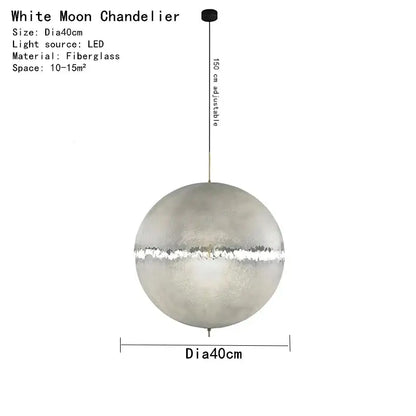 A sleek white spherical modern textured moon pendant chandelier with frosted fiberglass and silver metallic band for living room decorbites designer moon