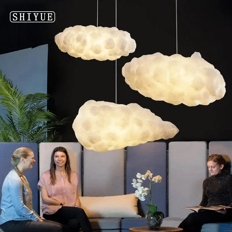 Three illuminated cream and white textured cloud chandelier pendant lights for living room decorbites cloud chandelier