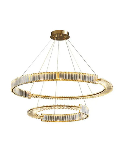 Modern three tier crystal gold ring led chandelier with gold-toned double-ring and clear faceted crystal accents for dining room decorbites crystal gold