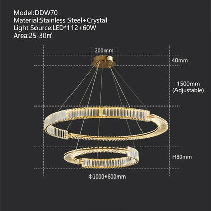 Modern three tier crystal gold ring led chandelier with gold-toned double rings crystal accents and stainless steel frame