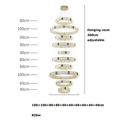 Modern three tier crystal golden led ring chandelier with clear and green crystals in decorbites golden led frame