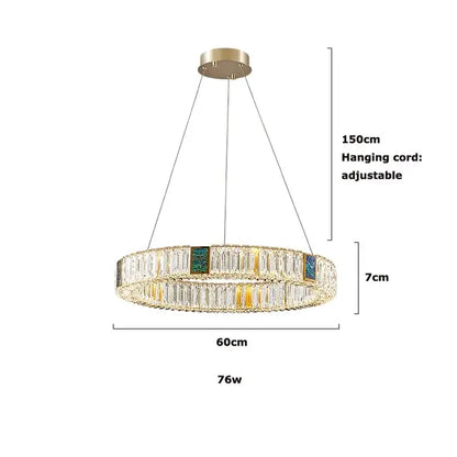 Modern three tier decorbites golden led ring chandelier with gold tone and clear green rectangular crystal accents for dining room