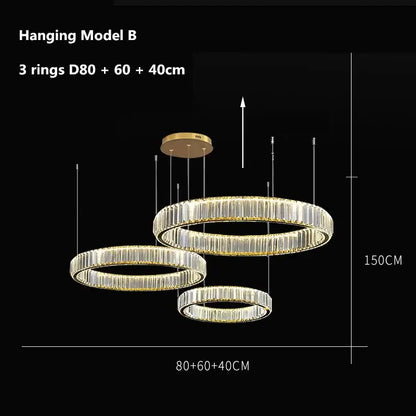 Modern three tier gold crystal led chandelier foyer pendant light with three interlocking rings by decorbites crystal led