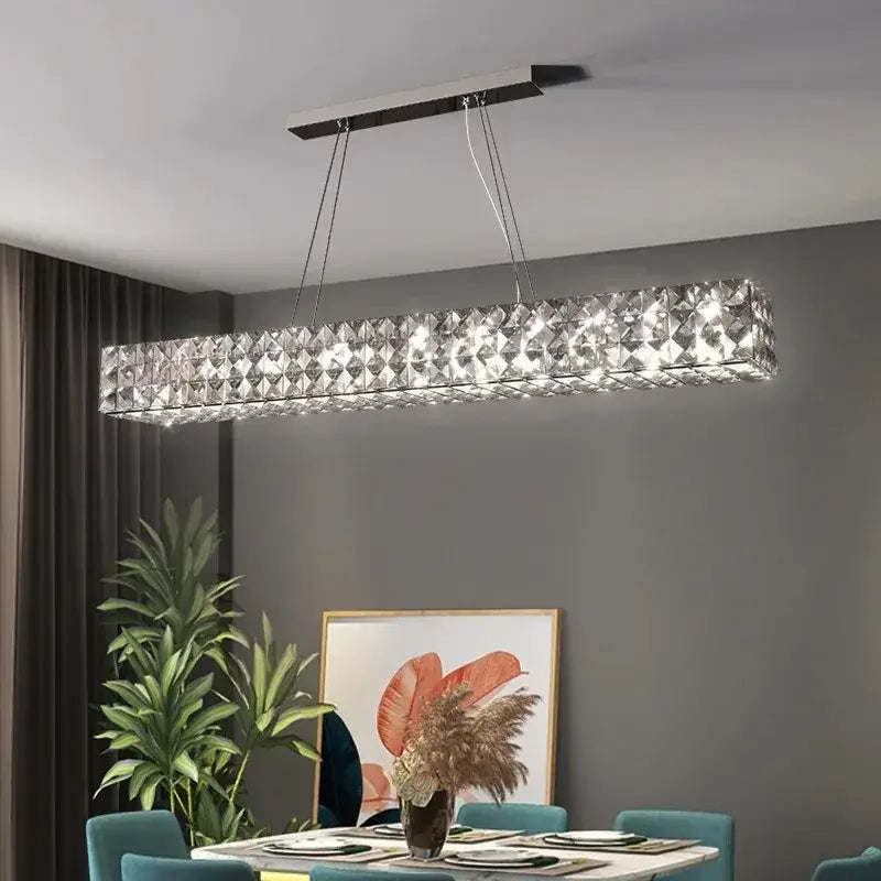 Modern three tiered decorbites crystal led chandelier with sleek rectangular crystals and metallic frame for living room decor