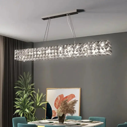 Modern three tiered decorbites crystal led chandelier with sleek rectangular crystals and metallic frame for living room decor