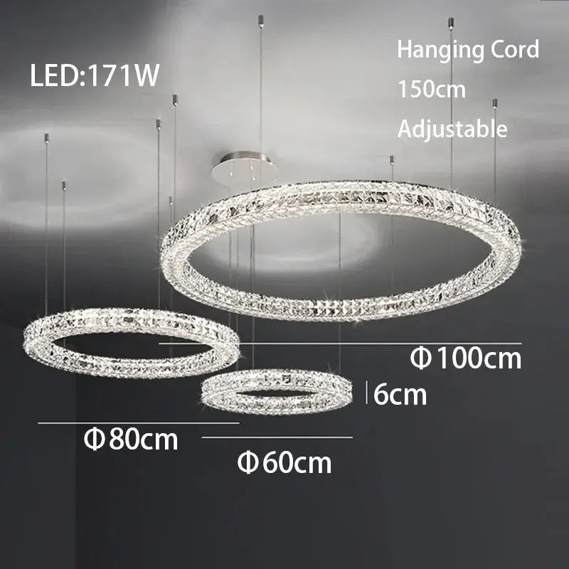 Modern three tiered decorbites crystal led chandelier with crystal-encrusted circular design and adjustable hanging cord