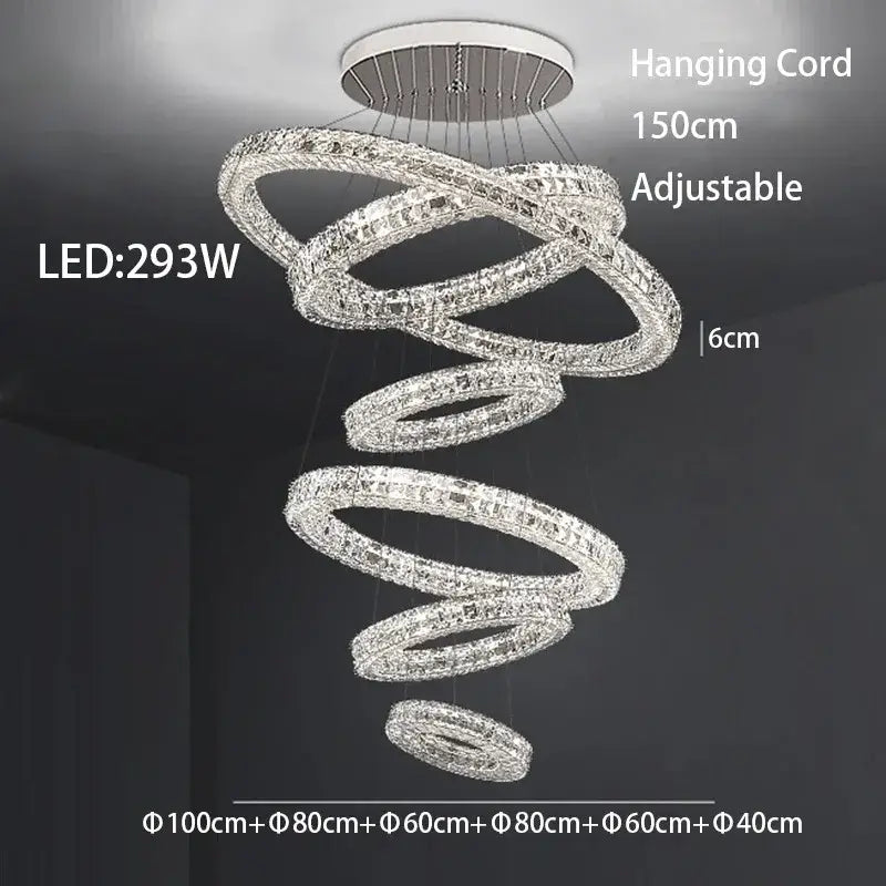 Modern three tiered decorbites crystal led chandelier with spiral crystal rings and silver metal frame for living room lighting