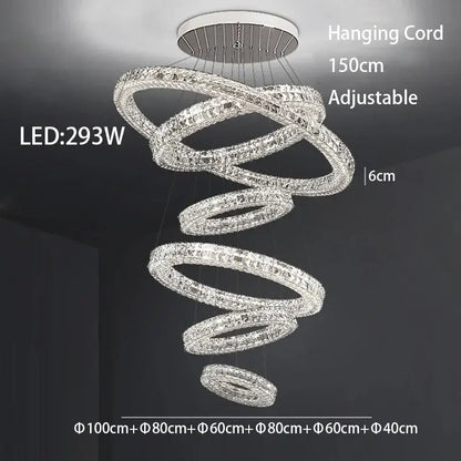 Modern three tiered decorbites crystal led chandelier with spiral crystal rings and silver metal frame for living room lighting