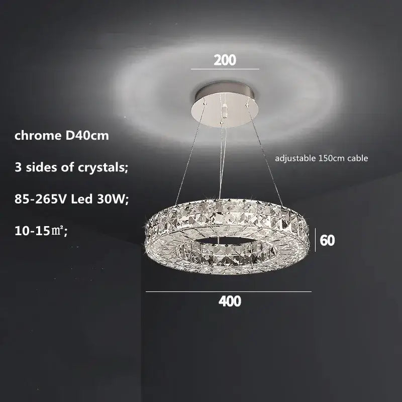 Modern decorbites crystal led chandelier with chrome finish and faceted clear crystals three sided 40cm diameter circular design