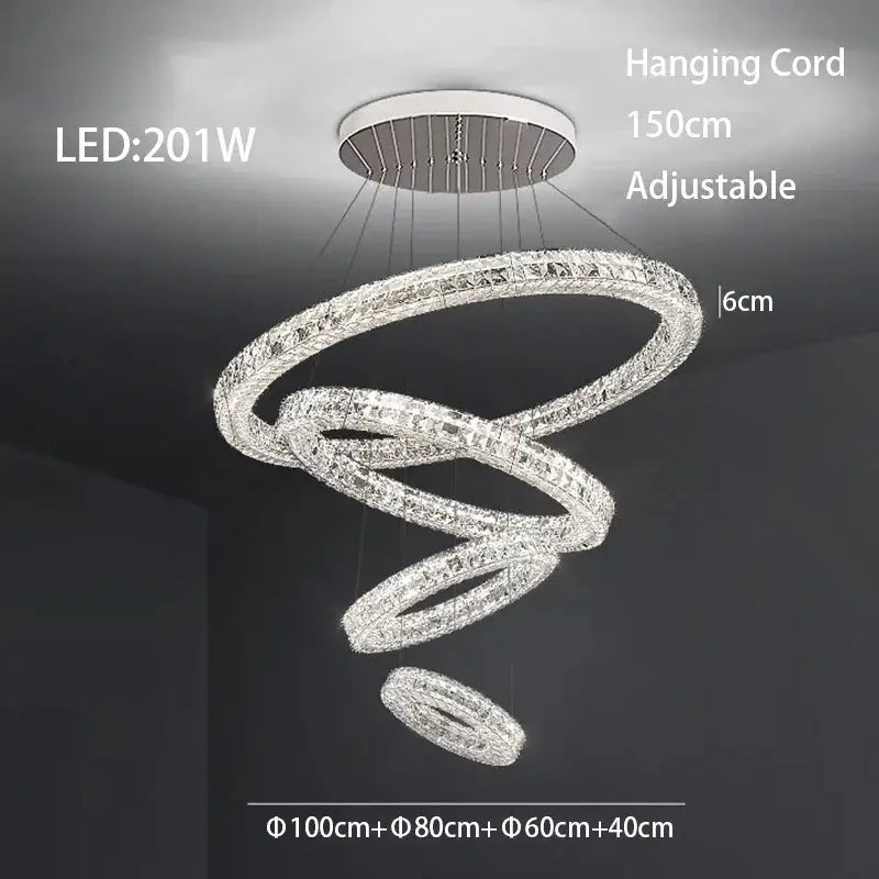 Modern three tiered decorbites crystal led chandelier with interlocking crystal rings and chrome finish for living room