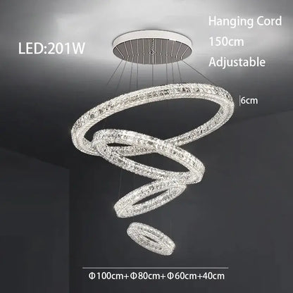 Modern three tiered decorbites crystal led chandelier with interlocking crystal rings and chrome finish for living room
