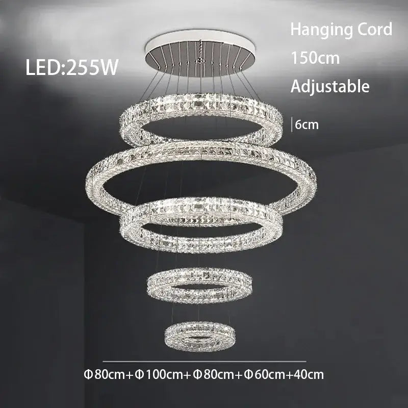 Modern three tiered decorbites crystal led chandelier with five concentric rings and 150cm adjustable hanging cord