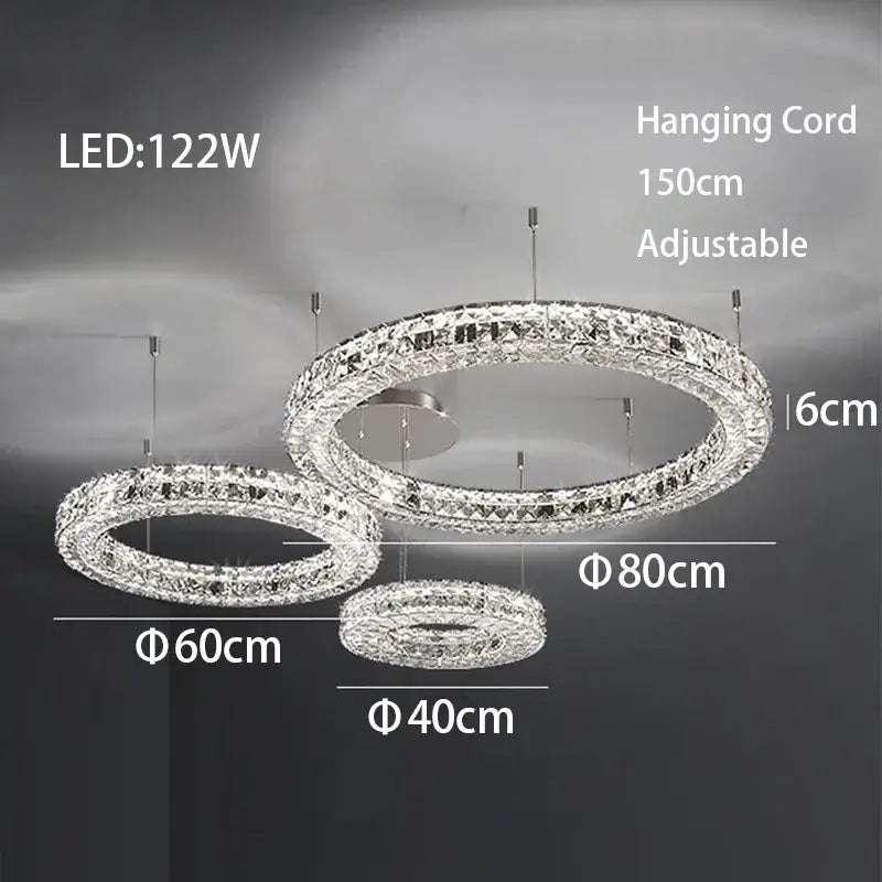Modern three tiered decorbites crystal led chandelier with concentric crystal rings in silver finish for living room