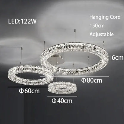 Modern three tiered decorbites crystal led chandelier with concentric crystal rings in silver finish for living room