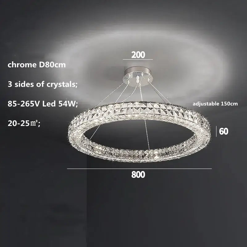 Modern three tiered decorbites crystal led chandelier in chrome finish with three sides of sparkling crystals and adjustable length