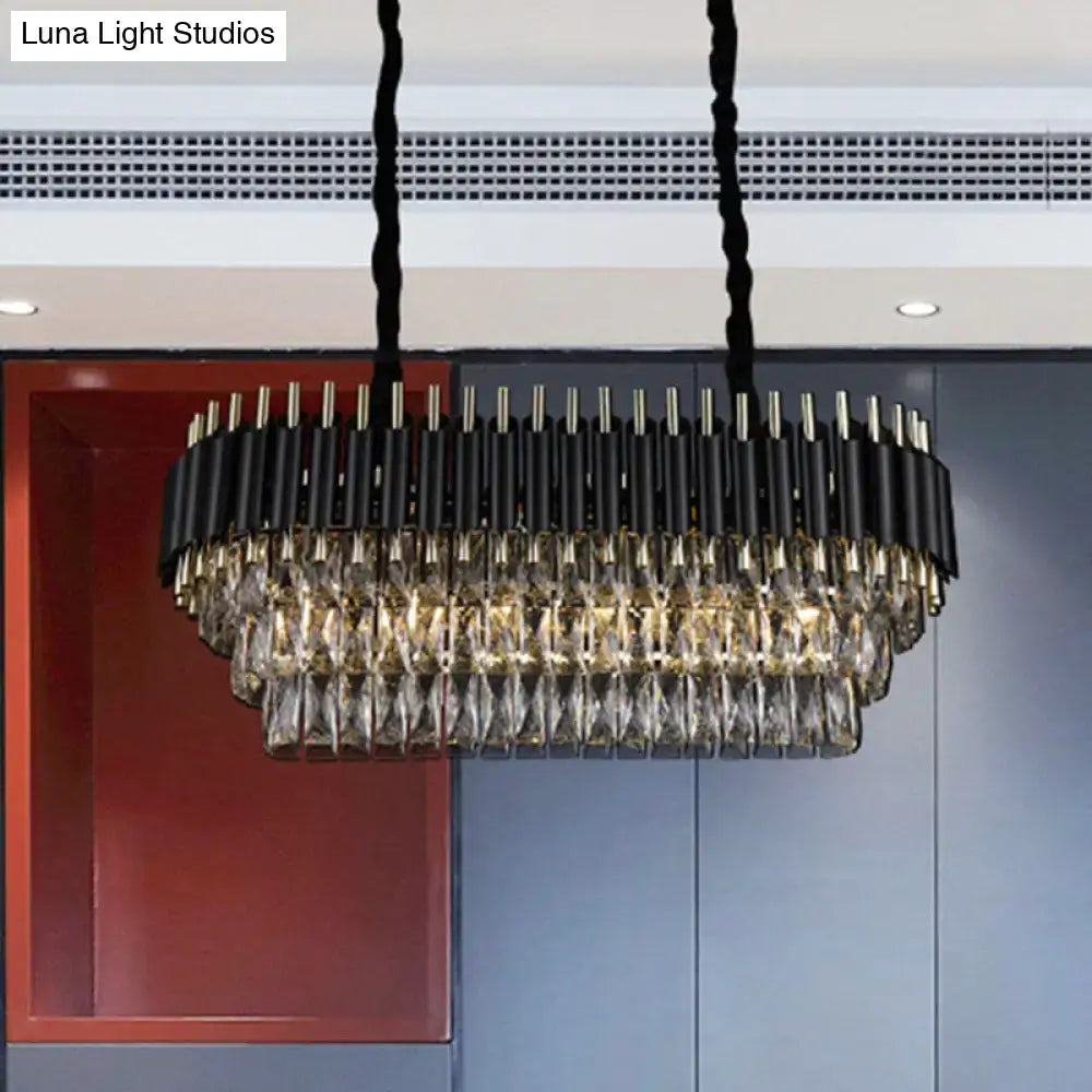 Modern tiered black and gold ceiling light with cascading clear crystal prisms for kitchen island lighting