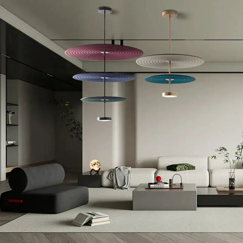 Modern tiered cotton round led pendant lights in vibrant pink blue teal and white with concentric ripple textures for decorbites cotton round decor