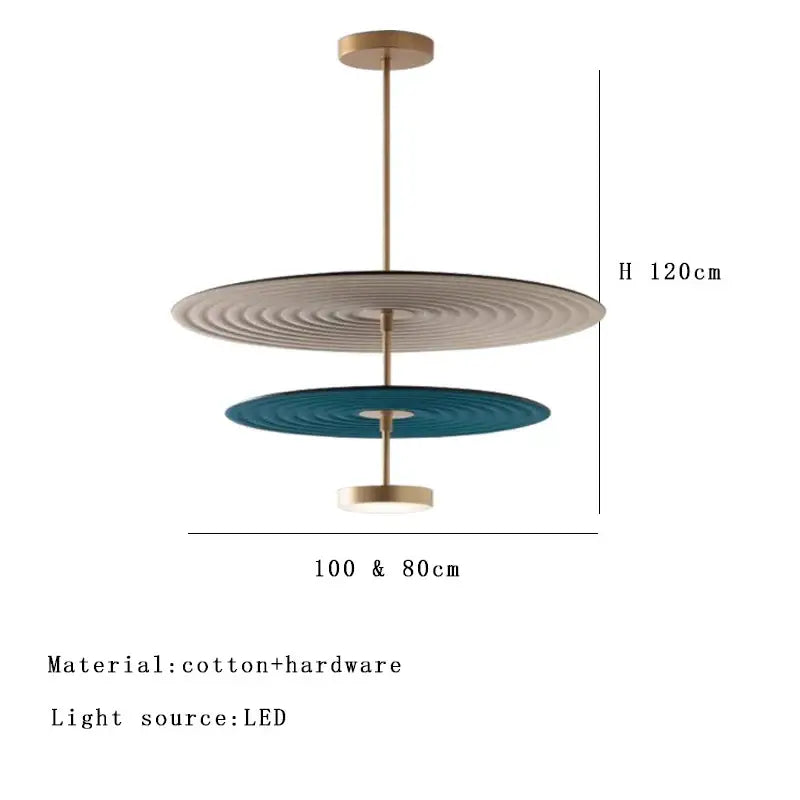 Modern tiered cotton round led pendant lights with beige and teal concentric discs suspended by brass rod decorbites cotton round