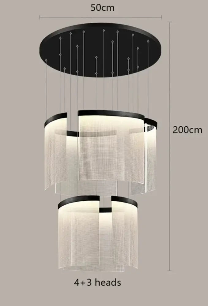 Modern black-framed LED ceiling chandelier with three-tier translucent mesh shades for elegant dining room lighting