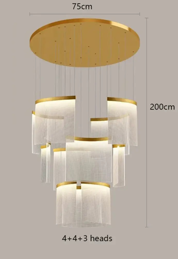 Modern tiered gold led ceiling chandelier with translucent glass shades and circular mount for dining room elegance