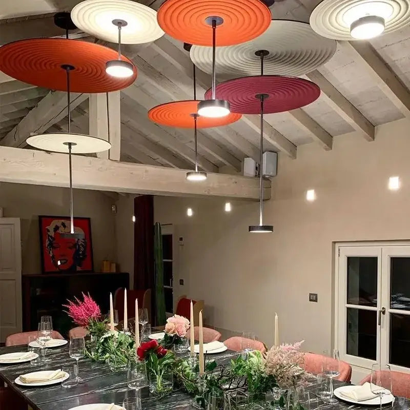 Modern tiered dimmable cotton chandelier in maroon and teal with vibrant orange and red circular pendant lights by decorbites dimmable cotton