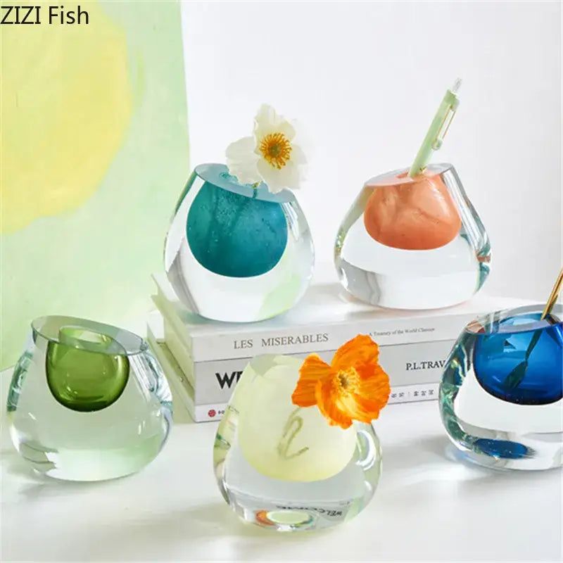Clear glass vases with colorful glass inner spheres in teal orange green and blue for modern flower pot decorbites colorful glass vase decor