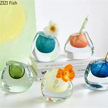 Clear glass vases with colorful glass inner spheres in teal orange green and blue for modern flower pot decorbites colorful glass vase decor