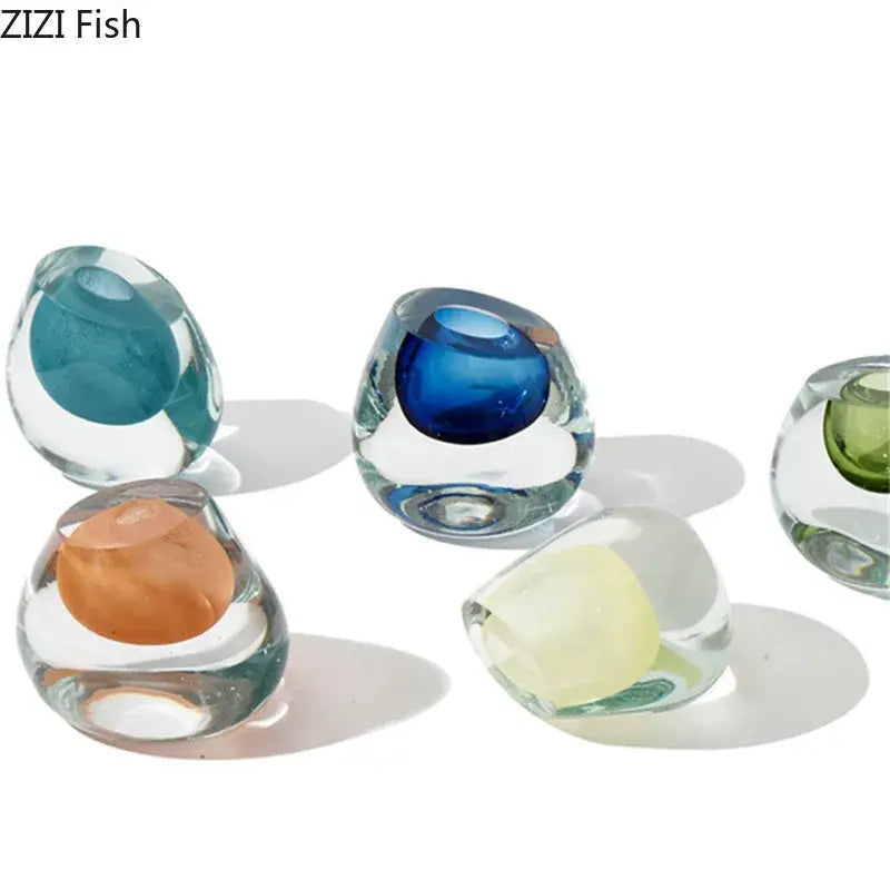 Modern translucent colorful glass vase flower pot with clear egg-shaped holders and teal blue orange green spheres decorbites colorful glass