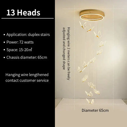 Modern pendant lights with circular wooden base and 13 translucent illuminated butterfly staircase pendant decorbites design