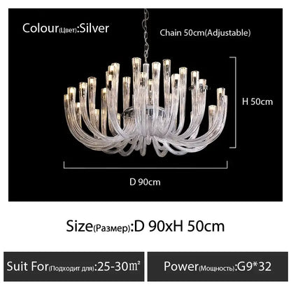 Silver glass chandelier led with clear glass arms and 50cm adjustable chain for modern dining room lighting