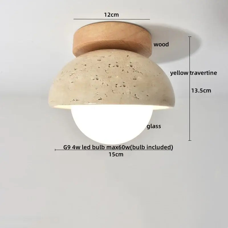 Modern travertine and walnut led ceiling lamp with wooden top yellow travertine dome and glass bulb housing ceiling light