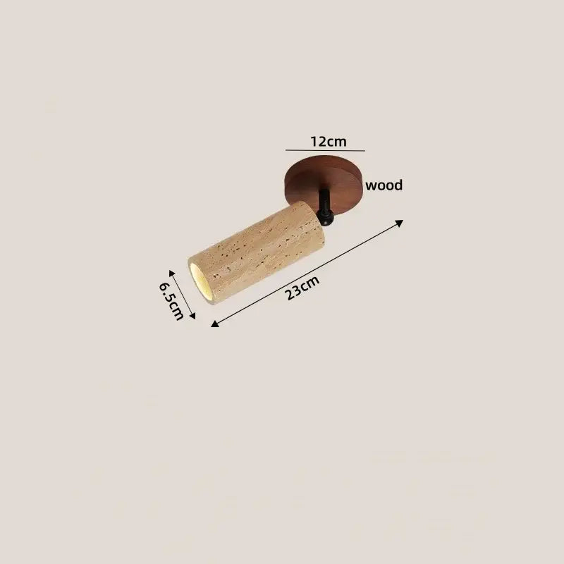 Modern travertine and walnut led ceiling lamp with a cylindrical light-brown cork spotlight and wooden base decorbites ceiling light