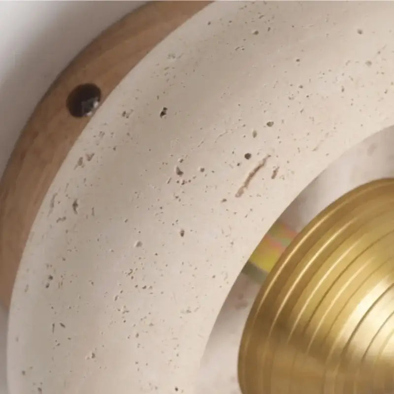 Modern travertine and walnut led ceiling light with cream concrete ring wood edge and gold toned metallic bell for living room decorbites led ceiling