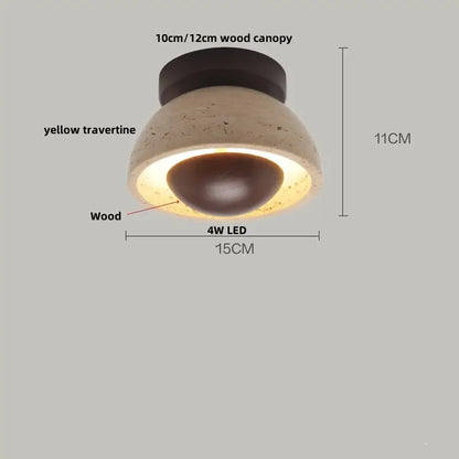 Modern travertine and walnut led ceiling lamp with warm yellow travertine dome and dark wood canopy for living room decorbites ceiling light