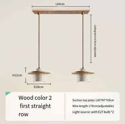 Modern travertine and walnut pendant light with two cylindrical concrete shades and cord pendant bulb included