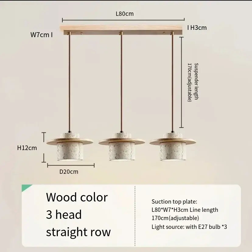 Modern pendant light with wooden walnut frame, cylindrical concrete shades, adjustable bronze chains, and led bulb cord pendant