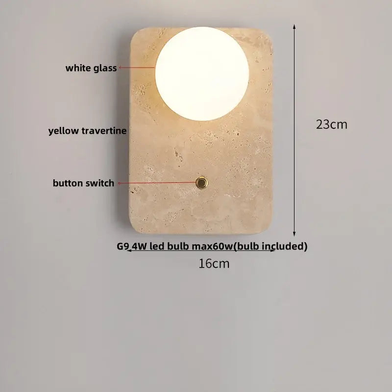 Modern travertine and white led wall light with circular glass lamp and brass switch ideal for decorbites led wall use