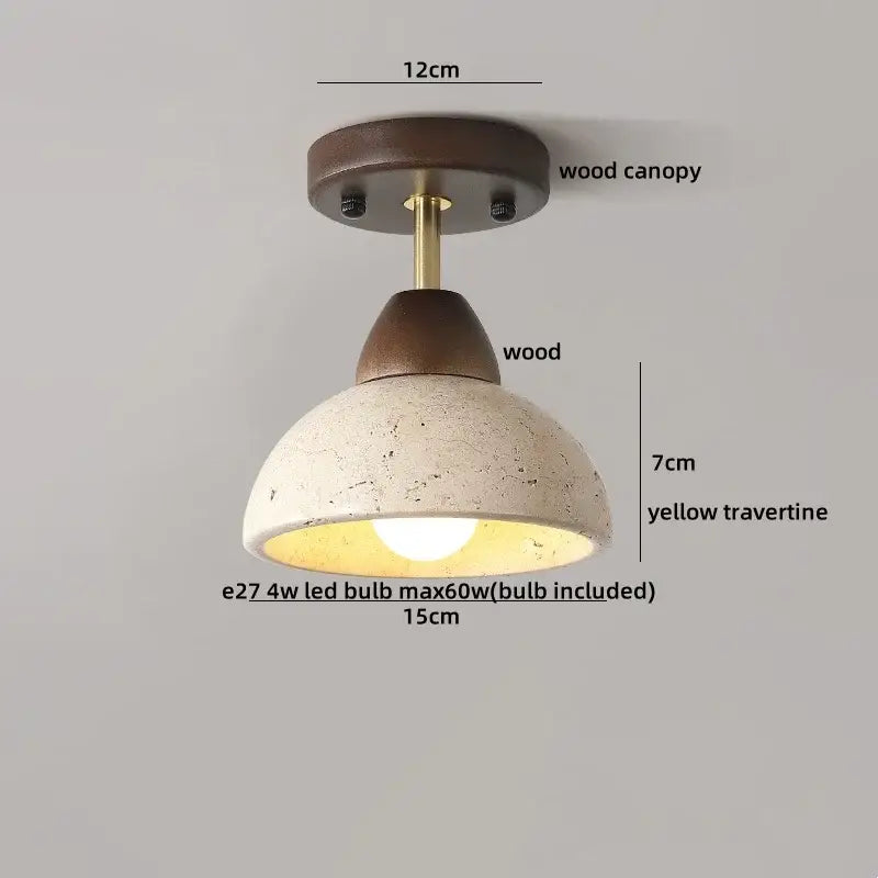 Modern travertine glass ball led ceiling light with dark wood canopy and textured yellow travertine shade for bedroom decorbites