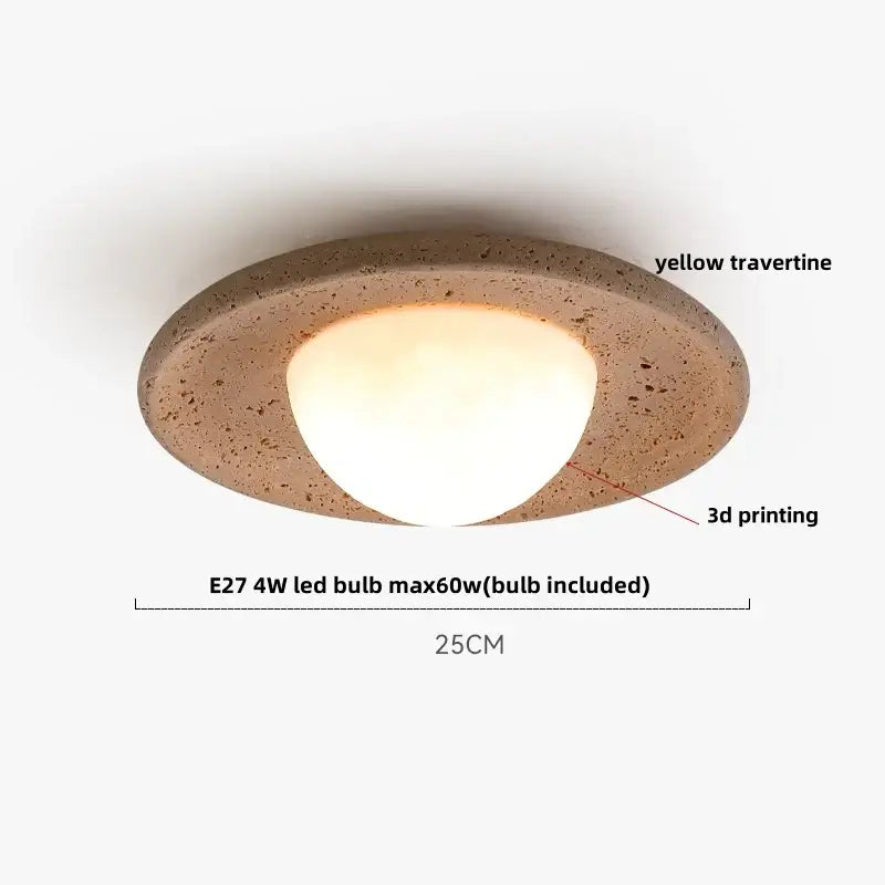 A circular yellow travertine ceiling light with textured surface and frosted glass diffuser for bedroom decorbites glass ball led