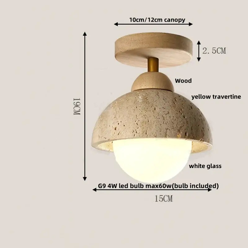 Modern travertine glass ball led ceiling light with rustic wooden canopy yellow travertine dome and white glass shade decorbites glass ball