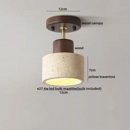 Rustic-style ceiling light with dark wood canopy and textured yellow travertine glass ball led for bedroom decorbites glow