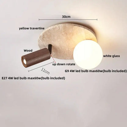 Modern travertine glass ball led ceiling light with yellow travertine base and dark wood arm for bedroom decorbites decor