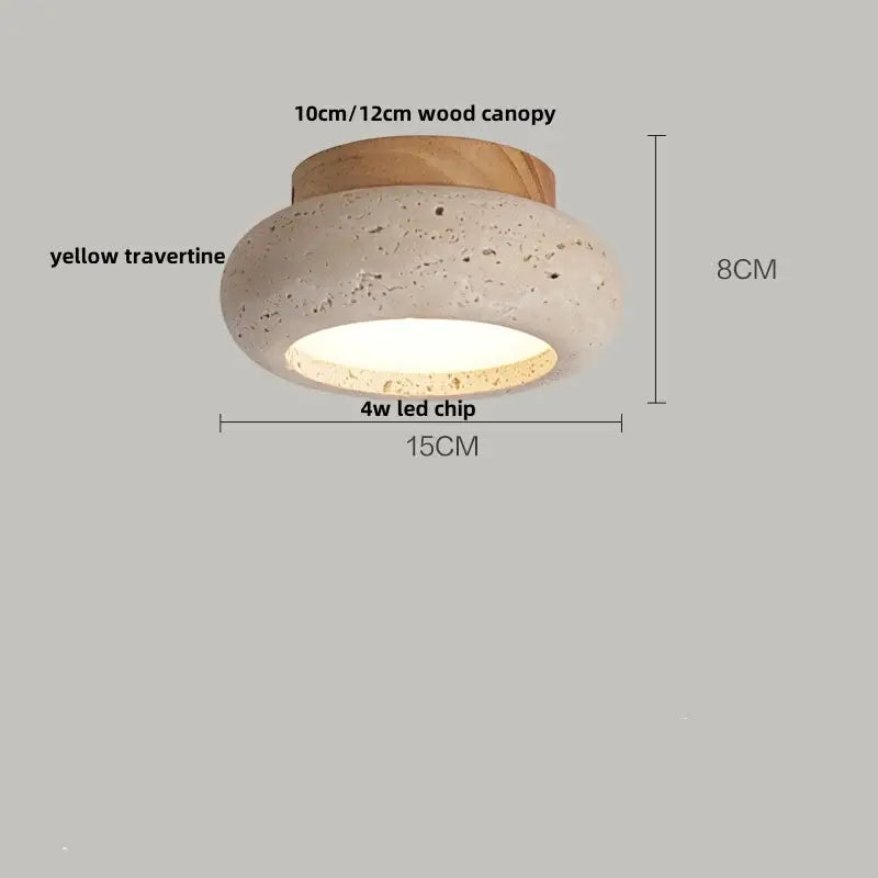 Modern travertine glass ball led ceiling light featuring a yellow travertine body and natural wood canopy with integrated 4w led chip